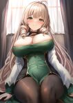  ahoge andrea_doria_(azur_lane) azur_lane bodystocking breasts cleavage curtains dress drill_hair green_dress highres large_breasts light_brown_hair long_hair looking_at_viewer manda_(manda9n) pelvic_curtain sitting smile twin_drills window 