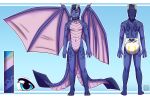  2_tails anthro blue_body blue_eyes clothed clothing diaper dragon front_view glistening glistening_eyes hi_res infantilism male membrane_(anatomy) membranous_wings model_sheet multi_tail navel nude pink_body pink_scales pink_wings rear_view riddlr scales scalie simple_background solo standing tail wearing_diaper wings 