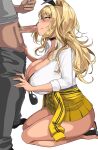  1girl :&gt;= animal_print ass bangs bare_legs black_choker blonde_hair blush breasts cellphone censored choker cleavage clothes_around_waist clothes_pull collared_shirt erection fellatio from_side goddess_of_victory:_nikke green_eyes gyaru hair_intakes hair_ornament hairclip hand_on_another&#039;s_thigh hella_p highres holding holding_phone jacket jacket_around_waist kneeling kogal korean_commentary large_breasts leopard_print long_hair long_sleeves looking_at_another looking_up male_pubic_hair microskirt mosaic_censoring oral pants pants_pull penis phone pleated_skirt pubic_hair rupee_(nikke) seiza shirt shirt_tucked_in simple_background sitting skirt sleeves_past_elbows smartphone solo_focus standing sunglasses testicles thighs white_background white_shirt yellow_jacket yellow_skirt 