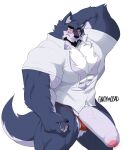  2023 abs anthro artist_name beard big_biceps big_deltoids big_muscles big_penis big_triceps black_claws black_hair blue_body blue_fur blush canid canine canis chest_tuft claws clothed clothing dress_shirt eyewear facial_hair finger_claws foreskin fur genitals glasses hair hand_behind_head hi_res huge_penis inner_ear_fluff looking_at_viewer male mammal multicolored_body multicolored_fur muscular muscular_anthro muscular_arms muscular_male muscular_thighs navel nipples pantsless pawpads pecs penis red_clothing red_thong red_underwear shirt solo thick_thighs thong topless topwear tuft two_tone_body two_tone_fur unbuttoned_shirt underwear vein veiny_muscles veiny_penis white_body white_clothing white_fur white_shirt white_topwear wolf yellow_eyes yongdasom 