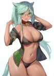  1girl animal_ears aqua_hair aqua_tail bell bikini black_bikini blush breasts cat_ears cat_girl cat_tail cleavage cowboy_shot dark-skinned_female dark_skin facial_mark final_fantasy final_fantasy_xiv floral_print glasses green_eyes hands_up highres jingle_bell large_breasts long_hair looking_at_viewer miqo&#039;te navel neck_bell off_shoulder open_clothes open_mouth open_shirt parted_bangs simple_background solo string_bikini swimsuit tail thighs torisanff14 warrior_of_light_(ff14) whisker_markings white_background 