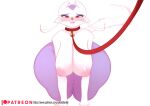  anthro areola bell bell_collar big_breasts breasts collar female fur generation_5_pokemon looking_at_viewer mammal mienshao nintendo nipples pink_areola pink_nipples pokemon pokemon_(species) purple_body purple_fur red_eyes simple_background solo tail thick_thighs voicedbarley white_body white_fur wide_hips 