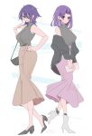  2girls alternate_costume bag black_footwear black_jacket breasts brown_skirt casual eyebrows_hidden_by_hair full_body grey_shirt hair_intakes high_heels highres jacket kantai_collection large_breasts long_skirt mizoredama1 multiple_girls pink_skirt purple_eyes purple_hair shirt short_hair simple_background skirt sleeveless sleeveless_shirt standing tatsuta_(kancolle) tenryuu_(kancolle) white_background white_footwear yellow_eyes 