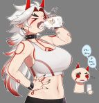  &gt;_&lt; 1girl arataki_itto bottle breasts collar crop_top drinking earrings exchigen_10 fang genderswap genderswap_(mtf) genshin_impact highres horns jewelry large_breasts long_hair milk_bottle multicolored_hair navel oni_horns open_mouth red_hair spiked_collar spikes stomach tattoo white_hair 