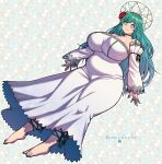  1girl absurdres bare_shoulders barefoot breasts choker detached_sleeves dress english_commentary feet flower full_body green_eyes green_hair hair_flower hair_ornament highres huge_breasts indie_virtual_youtuber koopa_fortuna long_dress long_hair looking_at_viewer nail_polish plump solo strapless strapless_dress synecdoche tight_clothes tight_dress toenail_polish toenails virtual_youtuber white_dress 