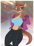  anthro brown_body brown_fur clothing disney female fur green_eyes hi_res mammal mrs._otterton mustelid navel otter purrynx seductive solo standing tight_clothing zootopia 