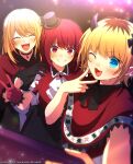  3girls :3 absurdres arima_kana ascot ayumu8828 black_bow black_bowtie black_choker black_gloves black_headwear black_ribbon black_skirt blonde_hair blue_eyes blurry blush bob_cut bow bowtie capelet choker clenched_teeth collared_shirt commentary_request demon_horns depth_of_field fake_horns fang frilled_capelet frilled_gloves frilled_sleeves frills gloves hair_between_eyes hand_on_another&#039;s_shoulder hat hat_ribbon highres holding holding_phone horns hoshino_ruby idol idol_clothes inverted_bob light_particles long_hair looking_at_viewer medium_hair memcho mini_hat mini_top_hat multiple_girls neck_ribbon no_pupils one_eye_closed open_mouth oshi_no_ko parted_bangs phone pink_gloves puffy_short_sleeves puffy_sleeves red_brooch red_capelet red_hair red_shirt ribbon selfie shadow shirt short_hair short_sleeves sidelocks signature skirt smile sweat taking_picture teeth top_hat twitter_username upper_body upper_teeth_only v v_over_mouth watermark white_ascot 