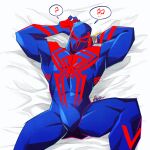  1boy ? animal_print arms_up bara blue_bodysuit bodysuit bulge feet_out_of_frame from_above highres lying male_focus marvel muscular muscular_male on_back on_bed print_bodysuit red_bodysuit solo spider-man:_across_the_spider-verse spider-man_(2099) spider-man_(series) spider-verse spider_print spoken_question_mark spread_legs textless_version thighs two-tone_bodysuit v-taper volflamm 