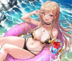  1girl bikini black_bikini black_choker blonde_hair blush breasts choker cleavage cup floral_print holding holding_cup innertube jewelry kitagawa_marin long_hair looking_at_viewer medium_breasts navel necklace open_mouth pink_innertube red_eyes sitting smile solo sono_bisque_doll_wa_koi_wo_suru stomach swept_bangs swimsuit tuna_picture v water 