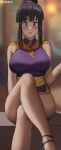  1girl absurdres artist_name bare_arms black_hair blunt_bangs blurry blurry_background blush breasts chi-chi_(dragon_ball) china_dress chinese_clothes closed_mouth covered_nipples crossed_legs dragon_ball dress grey_eyes hair_bun highres large_breasts light_smile looking_at_viewer no_panties oroborus purple_dress sidelocks smile solo 