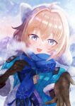  1girl absurdres ahoge asukamama89 beanie blonde_hair blue_eyes blue_scarf blush breath english_commentary hat highres honkai:_star_rail honkai_(series) lynx_landau mountain open_hand open_mouth outstretched_arm scarf short_hair smile solo upper_body whistle winter_clothes 
