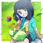  1girl arm_support ayo_(ayosanri009) black_hair black_shorts border commentary_request day eyelashes falling_leaves finger_to_mouth grass green_eyes green_jacket grin hair_ornament hairclip hand_up jacket leaf liko_(pokemon) looking_at_viewer medium_hair on_lap open_clothes open_jacket outdoors poke_ball poke_ball_(basic) pokemon pokemon_(anime) pokemon_(creature) pokemon_on_lap pokemon_sv_(anime) shirt shoes shorts shushing signature sitting sleeping smile sneakers sprigatito teeth white_border white_footwear white_shirt yellow_bag 