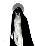  animal_genitalia anthro bgn black_cloak canid canine canis death_(puss_in_boots) fur genitals halo hi_res male mammal nude red_eyes sheath slim_male solo white_body white_fur wolf 