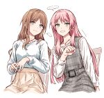  2girls bang_dream! bang_dream!_it&#039;s_mygo!!!!! belt blue_eyes brown_hair chair chihaya_anon clenched_hand commentary_request cropped_legs dress furukawa_wanosuke hand_up highres jewelry long_hair long_sleeves multiple_girls nagasaki_soyo necklace own_hands_together parted_bangs pink_hair shirt sitting skirt sleeveless sleeveless_dress smile speech_bubble teeth white_background white_shirt 
