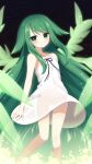  1girl bare_shoulders dress flat_chest green_eyes green_hair hair_flaps highres long_hair mori_nsr ribbon saya_(saya_no_uta) saya_no_uta sidelocks smile solo white_dress 