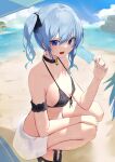  1girl absurdres beach bikini black_choker blue_eyes blue_hair breasts choker day food highres holding holding_food holding_popsicle hololive hoshimachi_suisei looking_at_viewer mikaku ocean open_mouth outdoors popsicle side_ponytail solo squatting swimsuit virtual_youtuber 