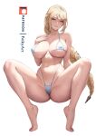  1girl bare_shoulders barefoot bikini blonde_hair blue_eyes braid braided_ponytail breasts covered_nipples feikyart hand_on_own_chest large_breasts long_hair looking_at_viewer original smile solo squatting swimsuit very_long_hair white_background white_bikini 