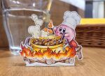  1boy blue_eyes cauldron chef_hat commentary cooking_pot english_commentary fire food hat highres jqhnharqld kirby kirby_(series) kirby_cafe log male_focus open_mouth smile solo steam stew 