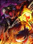  1other digimon digimon_(creature) dragon feathers fire gunjima_souichirou highres looking_at_viewer megadramon missile no_humans open_mouth purple_feathers sharp_teeth slit_pupils solo tail teeth yellow_eyes 