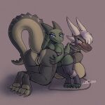  1:1 2023 amber_(lordflawn) anthro anus arms_tied barely_visible_nipples big_breasts blue_eyes blush bound breasts claws collar collar_only dragon duo embarrassed female female/female genitals green_body green_skin hair hand_on_butt hi_res horn kobold leaning_on_another legs_tied looking_at_another looking_away lordflawn markings multicolored_body nipples nude on_ground pussy signature simple_background size_difference smile smiling_at_another teeth_showing two_tone_body white_hair wingless_dragon 