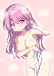  1girl absurdres blush breasts highres jashin-chan_dropkick large_breasts long_hair looking_at_viewer navel nude open_mouth pink_background pink_eyes pink_hair pino_(jashin-chan_dropkick) simple_background solo sweat towel ydayluca 
