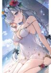  1girl anastasia_(fate) anastasia_(swimsuit_archer)_(fate) anastasia_(swimsuit_archer)_(second_ascension)_(fate) bare_shoulders beach blue_eyes blush bow braid breasts collarbone dress dress_swimsuit fate/grand_order fate_(series) flower_wreath hair_bow hair_over_one_eye head_wreath highres large_breasts long_hair looking_at_viewer shore slippers smile sundress thighs twin_braids very_long_hair vivi_(eve_no_hakoniwa) white_dress white_hair 