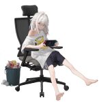  1girl absurdres barefoot black_shorts chair choppy_bangs dirty dirty_clothes double-parted_bangs hair_over_eyes handheld_game_console highres holding holding_handheld_game_console long_hair looking_at_viewer messy_hair nintendo_switch no_bra off_shoulder office_chair original pink_eyes pokemon shirt shorts sidelocks sitting swivel_chair trash trash_can white_background white_hair white_shirt 