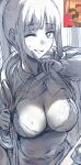  1girl ;) absurdres blunt_bangs breasts clothes_lift english_commentary girlfriend_(yoru_mac) greyscale hews highres jacket large_breasts lifted_by_self long_hair long_sleeves looking_at_viewer monochrome navel one_eye_closed ponytail reference_inset shirt_lift smile solo sweat yoru_mac 
