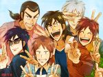  6+boys akagi_shigeru black_hair blue_background blue_shirt bomber_jacket brown_hair brown_jacket character_request closed_eyes closed_mouth collared_shirt commentary_request creator_connection dated double_v fukumoto_nobuyuki_(style) gin_to_kin green_shirt grey_hair grin igawa_hiroyuki itou_kaiji jacket kaiji long_hair looking_at_viewer male_focus medium_bangs morita_tetsuo multiple_boys open_mouth pink_shirt shirt short_hair short_ponytail smile sunglasses t-shirt t_k_g ten_(manga) thick_eyebrows upper_body v v_over_eye 