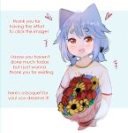  1girl absurdres animal_ears blue_hair bouquet cat_ears cat_girl commentary english_text fang heart highres long_sleeves low_twintails neqo_(character) neqo_(neneneqo) open_mouth orange_eyes original shirt smile solo symbol-only_commentary thick_eyebrows twintails upper_body white_shirt 