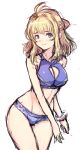  1girl blonde_hair blue_eyes breasts cat_with_a_brush closed_mouth commentary fiora_(xenoblade) jewelry long_hair looking_at_viewer simple_background smile solo swimsuit white_background xenoblade_chronicles_(series) xenoblade_chronicles_1 