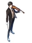  1boy black_hair black_jacket black_necktie black_pants blue_eyes bright_pupils brown_vest chulsoo_kim_(closers) closed_mouth closers collared_shirt from_above full_body gloves hand_up highres holding holding_bow_(music) holding_instrument instrument jacket looking_ahead necktie official_art oxfords pants shirt short_hair solo suit swept_bangs tachi-e vest violin white_background white_footwear white_gloves white_pupils white_shirt 