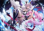  2girls arm_up armpits axe azur_lane boots breasts cleavage commentary_request feathers hair_ornament highres holding holding_weapon joffre_(azur_lane) la_galissonniere_(azur_lane) large_breasts long_hair looking_at_viewer medium_hair multiple_girls official_art pink_eyes pink_hair red_eyes thigh_strap tongue tongue_out twintails weapon white_hair wings yohaku 