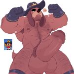  2023 abs anthro armpit_hair balls band-aid bandage barazoku biceps big_balls big_penis body_hair brawl_stars canid canine canis chest_hair clothing cowboy_hat domestic_dog erection eyebrows flexing floppy_ears genitals gloves hairy handwear hat headgear headwear hi_res huge_penis looking_down lop_ears low-angle_view male mammal mostly_nude mrpandhew muscular muscular_anthro muscular_male nipples pecs penis pictographics portrait pubes reference_image ruffs solo supercell_(company) thick_eyebrows thick_penis three-quarter_portrait toothpick 