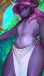  absurd_res anthro belly black_body breasts clothed clothing dragon genitals gold_(metal) gold_jewelry guppic gynomorph hair hi_res horn intersex ivalyth jewelry leaf looking_at_viewer navel nipples partially_clothed penis pink_hair purple_body purple_eyes solo thick_thighs western wide_hips 