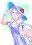  1girl :d bare_arms blue_headwear bracelet dress flower grey_dress gundam gundam_suisei_no_majo hair_between_eyes hat hat_flower hat_ribbon jewelry long_hair looking_at_viewer miorine_rembran open_mouth pink_ribbon purple_eyes red_flower ribbon sketch smile solo sun_hat sundress very_long_hair white_hair yuri_kyanon 