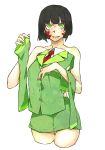  1girl black_hair blood blood_on_face blood_splatter blunt_bangs blunt_ends bright_pupils commentary_request covering covering_chest crazy cropped_legs detached_sleeves green_eyes green_jacket green_skirt green_sleeves grin holding holding_clothes holding_shirt jacket kyoumachi_seika looking_at_viewer miniskirt necktie pencil_skirt red_necktie shirt simple_background skirt sleeveless sleeveless_jacket sleeveless_shirt smile solo tetra_(seiga32685479) topless unworn_jacket unworn_shirt voiceroid white_background white_pupils white_shirt wide-eyed 