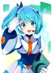  1girl :d android blue_bodysuit blue_eyes blue_hair bodysuit gloves headset looking_at_viewer mega_man_(series) mega_man_x_(series) mega_man_x_dive necktie open_mouth rico_(mega_man) side_ponytail smile solo teto_(y3832) upper_body white_gloves 