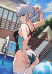  1girl absurdres animal_ears ass ball beachball blue_archive blue_eyes blue_sky blurry blurry_background breasts cloud day earrings grey_hair hair_tie_in_mouth halo highres house jewelry medium_breasts mouth_hold outdoors pool round30fight shiroko_(blue_archive) shiroko_(swimsuit)_(blue_archive) short_ponytail sky solo stairs stud_earrings tent wading water wet wolf_ears 