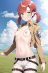  ai-generated breasts cloud cowboy_shot green_eyes isabel_magnolia low_twintails nipples non-web_source paradis_military_uniform red_hair shingeki_no_kyojin short_hair small_breasts smile solo twintails 