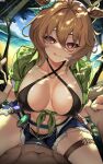  1girl :q agnes_tachyon_(lunatic_lab)_(umamusume) agnes_tachyon_(umamusume) animal_ears assertive_female beach belt bikini bikini_under_clothes black_bikini blue_shorts breasts brown_hair cameltoe closed_mouth collarbone commentary_request covered_nipples criss-cross_halter dappled_sunlight day denim denim_shorts dutch_angle ear_ornament empty_eyes fisheye girl_on_top gloves green_jacket hair_between_eyes halterneck highres holding_hands horse_ears horse_girl horse_tail interlocked_fingers jacket large_breasts leaning_forward licking_lips looking_at_viewer medium_hair ocean official_alternate_costume open_clothes open_fly open_shorts outdoors paid_reward_available pov pov_crotch pov_hands red_eyes sand short_shorts short_sleeves shorts single_glove sitting sitting_on_person smile solo_focus sunlight swimsuit tail thigh_belt thigh_strap tied_jacket tongue tongue_out torn_clothes torn_shorts umamusume water zzo0 