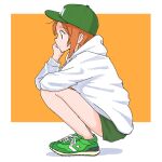  1girl baseball_cap brown_hair casual closed_mouth commentary cross-laced_footwear elbows_on_knees from_side girls_und_panzer green_footwear green_headwear green_shorts hat head_rest hood hood_down hoodie light_frown long_sleeves looking_to_the_side mutsu_(layergreen) nishizumi_miho no_socks orange_background shoes short_hair shorts simple_background sneakers solo squatting white_background white_hoodie 
