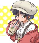  1girl blue_hair breasts brown_eyes bubble_tea drinking_straw hat jacket ranma_1/2 red_jacket short_hair solo suspenders tendou_akane wanta_(futoshi) 