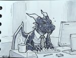  2023 anthro at_work beverage coffee coffee_mug computer computer_keyboard desk dragon furniture groggy hi_res horn hot_beverage male membrane_(anatomy) membranous_wings monitor mug nameless00 necktie pen scalie solo table traditional_media_(artwork) western_dragon wings 