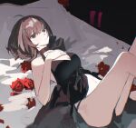  1girl absurdres ahoge arknights black_collar black_dress black_eyes black_hair black_panties breasts cleavage collar dress feet_out_of_frame flower hair_ornament hairclip highres la_pluma_(arknights) legs_up lying on_back on_bed panties pe902 red_flower short_hair small_breasts solo spaghetti_strap underwear 