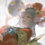  1girl ball bow chinese_clothes chunriqingqaq green_eyes hair_between_eyes hair_bow hair_ornament highres lips lipstick long_hair looking_at_viewer makeup nail_polish onmyoji red_lips serious sidelocks solo traditional_clothes upper_body white_hair 