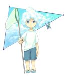  ambiguous_gender blue_eyes blue_shorts blue_sky bug butterfly butterfly_net cloud cloud_hair cumulonimbus_cloud flip-flops hand_net hand_up holding holding_butterfly_net kumomachi looking_at_viewer original sandals shirt short_sleeves shorts sky solo white_shirt 