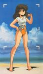  1980s_(style) 1girl barefoot beach brown_hair casual_one-piece_swimsuit cream_lemon day fairy_dust full_body green_eyes highres long_hair looking_at_viewer non-web_source nonomura_ami official_art one-piece_swimsuit outdoors retro_artstyle scan shirt sleeveless solo swimsuit tied_shirt white_shirt 