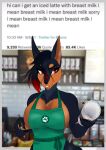  absurd_res ada_ramone anthro barista beverage big_breasts breasts canid canine canis coffee coffee_cup container cup dobermann domestic_dog female hi_res humor i_mean_breast_milk kingwieler mammal meme mohawk pinscher red_eyes solo starbucks twitter 