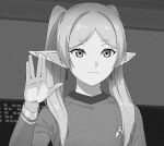  1girl a1 alternate_costume commentary_request cosplay earrings elf frieren greyscale hand_up jewelry monochrome pointy_ears solo sousou_no_frieren spock spock_(cosplay) star_trek twintails upper_body 